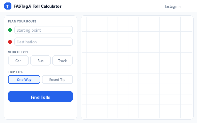Animated demo: enter Chennai and Coimbatore, choose Car, press Find Tolls — the route appears with every toll plaza priced, total toll ₹595 over 519 km, and fastest vs cheapest route comparison